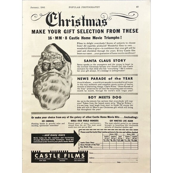 Castle Films "Christmas: make your gift selection from these" Vtg Print Ad 1941 - Picture 1 of 3